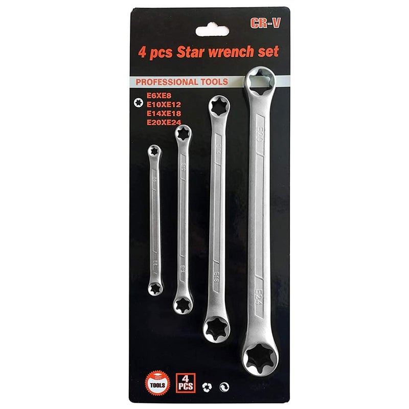 P1TOOLS 4-Pcs Star Wrench Set E-Torx Box Wrench Set Tork E-Ring Spanner Set E6 E8 E10 E12 E14 E18 E20 E24 - Image 1